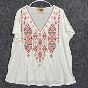 Savanne Jane Shirt Womens size 2X White Top Embroidery Southwestern Aztec Artsy